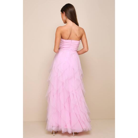 NWT Lulus Delightful Beauty Pink Mesh Strapless Ruched Ruffled Maxi Dress Size M - Picture 4 of 8